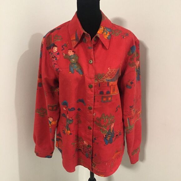CHICO'S Red Faux Suede Chinese Scene Long Sleeve Blouse Jacket Sz 1 or Small - Picture 2 of 8